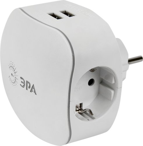 Разветвитель (Тройник) с заземлением ЭРА SP-3e-2USB-2A 3-м+2xUSB тип A+A 2100мА белый картинка 